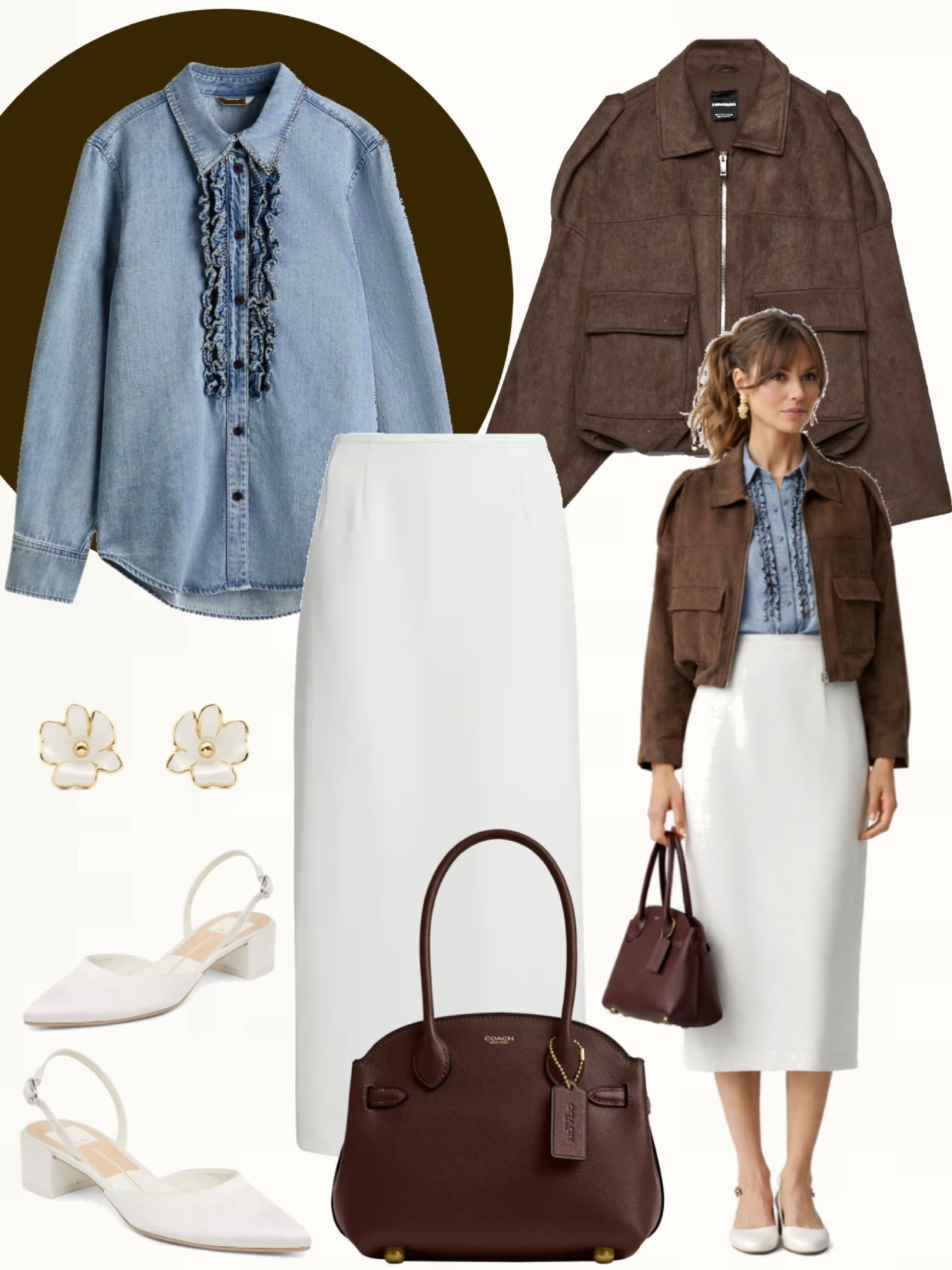Light blue denim ruffle  blouse paired with a white midi skirt and a chocolate brown suede bomber jacket. Styled with cream slingback heels, a structured brown handbag, and delicate gold earrings.
#elegantcasual #springoutfits #neutrals

#LTKOver40 #LTKootd #LTKSeasonal