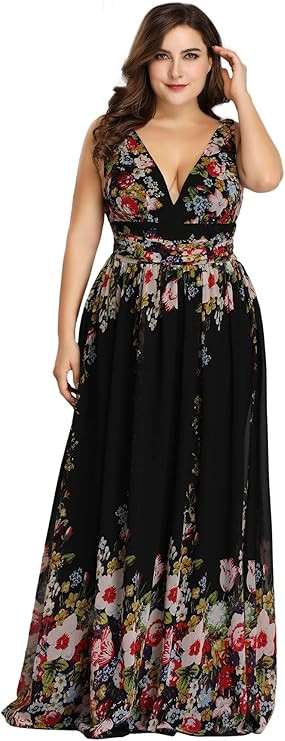 Ever-Pretty Women's Plus Size Chiffon Double V-Neck Semi-Formal Evening Party Maxi Dresses 9016PZ | Amazon (US)