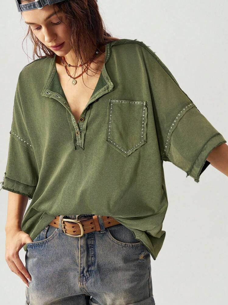 Bohemela Plus Size Casual Solid Knit Half Zip Up Loose Washed T-Shirt,Vintage | SHEIN