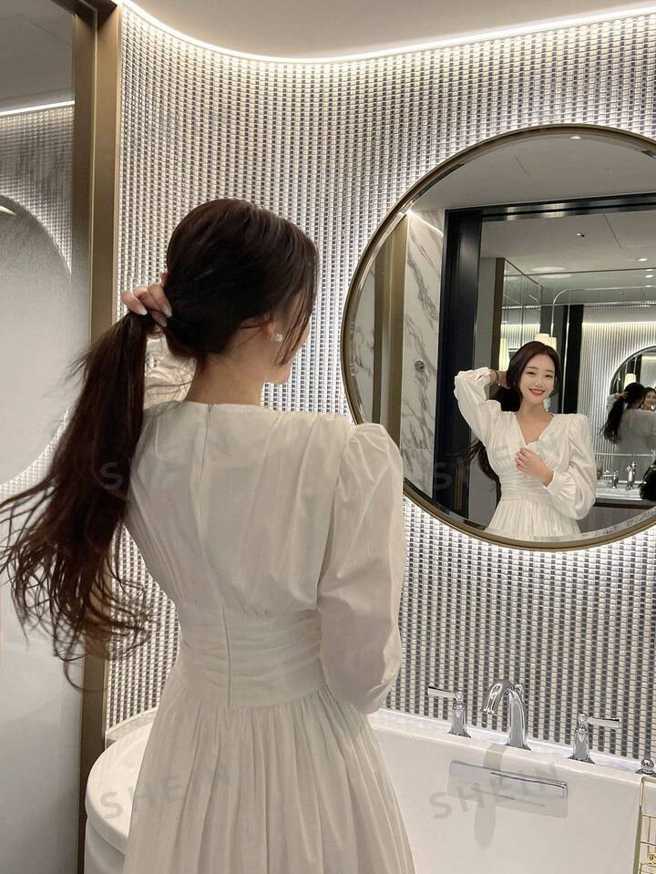 DAZY Solid Button Front Ruched Waist Dress | SHEIN