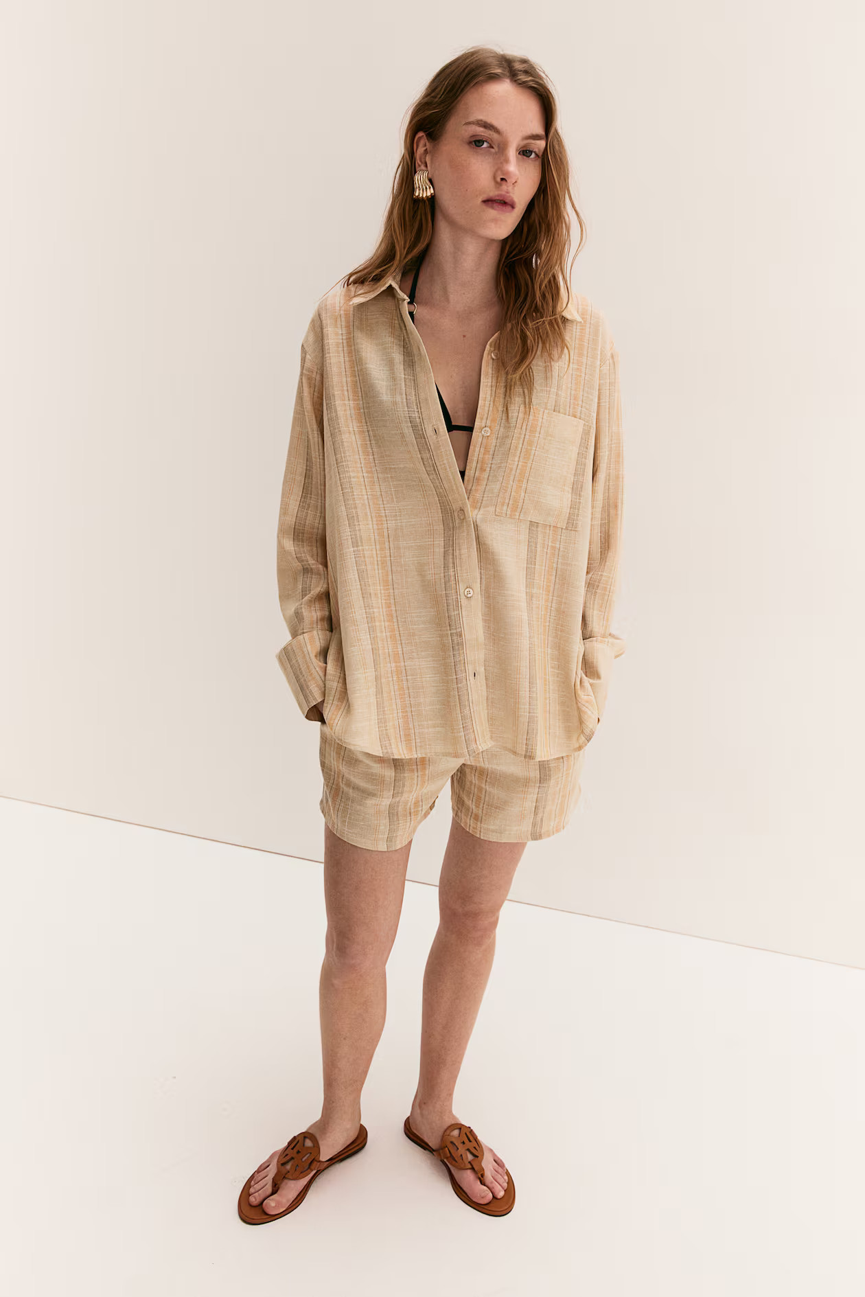 Linen-blend shirt - Long sleeve - Long - Beige/Striped - Ladies | H&M GB | H&M (UK, MY, IN, SG, PH, TW, HK)