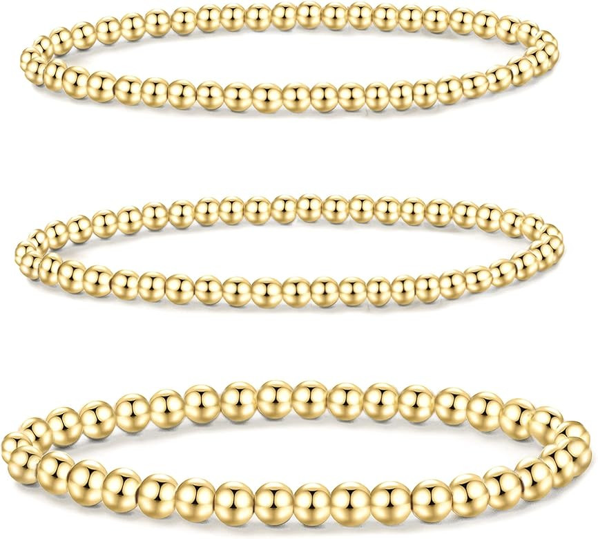 MOROTOLE 5 Pcs 14K Gold Plated Bead Ball Bracelet – Gold Beaded Bracelets for Women Stackable Stretc | Amazon (US)