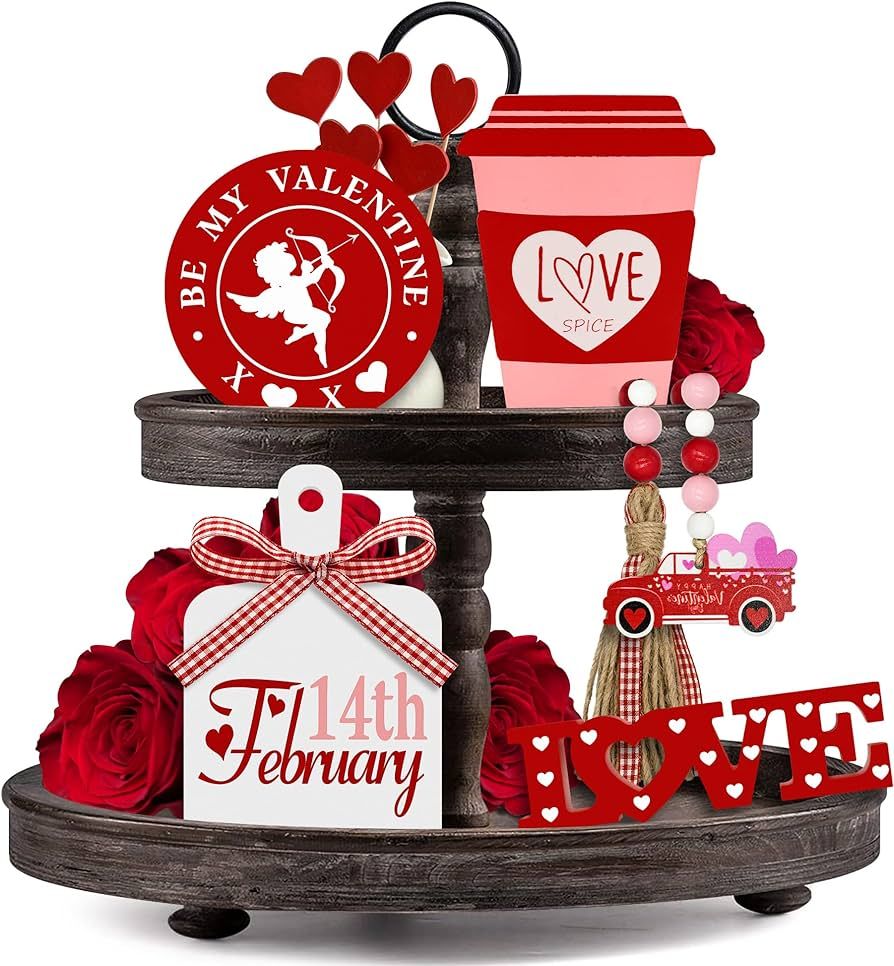 Valentines Day Tiered Tray Decor, 5 Pcs Valentine Wooden Decor Bead Garland, Farmhouse Wood Signs... | Amazon (US)
