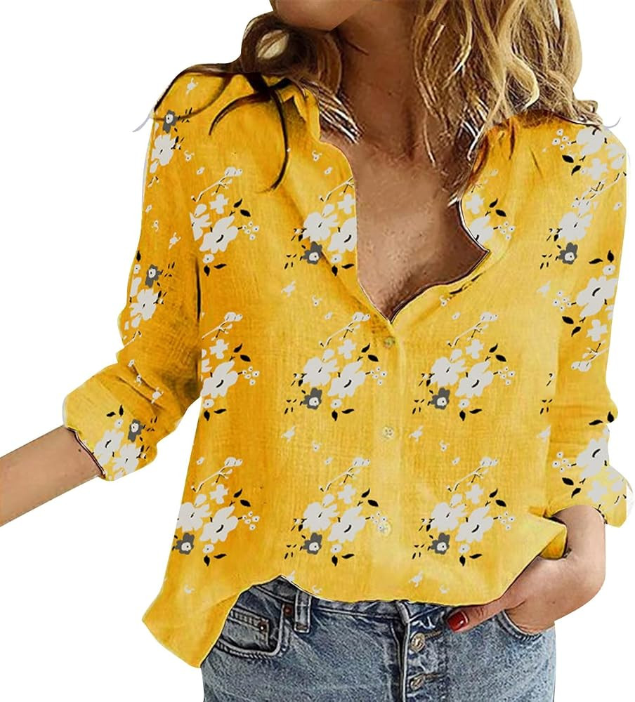 CGGMVCG Linen Shirts for Women Roll-up Long Sleeve Button Down Shirt Casual Summer V Neck Collare... | Amazon (US)