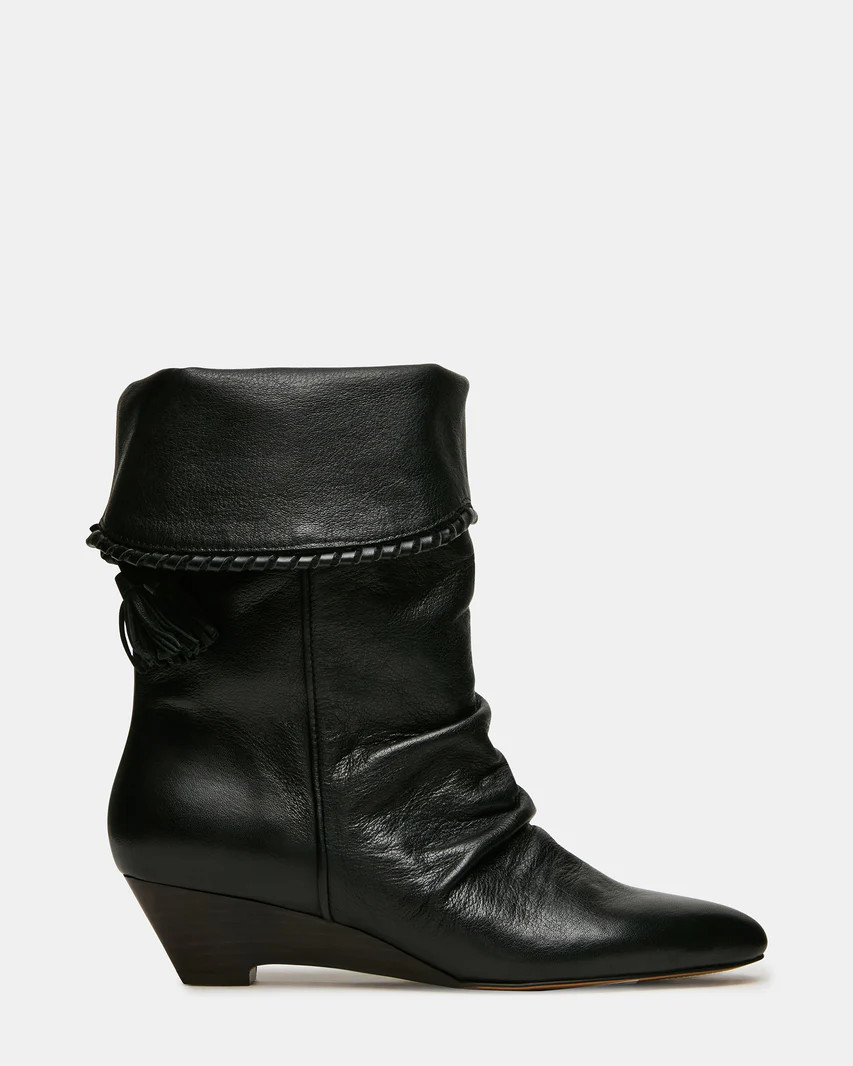 ENAYA Black Leather Tassel Ruched Pointed-Toe Wedge Women's Boot | Steve Madden (US)