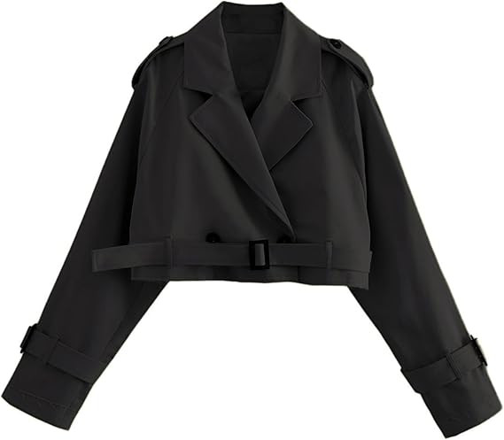 Xiaoxuemeng Womens Cropped Bike Jacket Casual Double Breasted Trench Coat with Belt | Amazon (US)