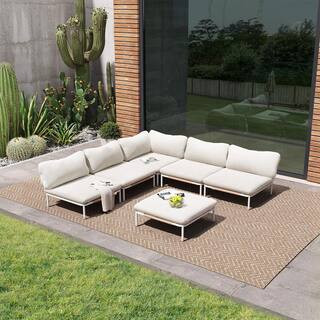 Outdoor Sectional Set 6 Pieces Patio Furniture Set with 12 Beige Cushions and 6 Removable Armrests for Outdoor Areas | The Home Depot
