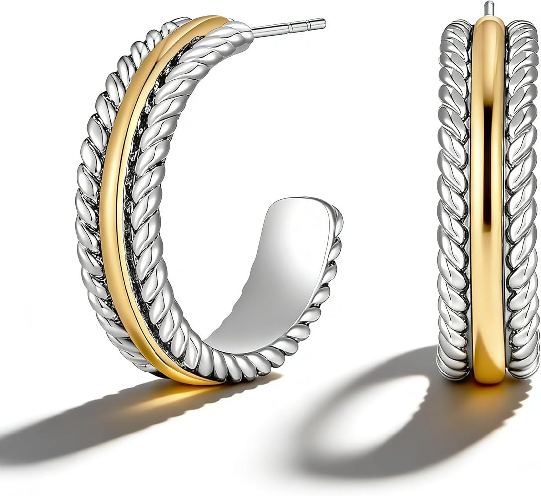 Two Tone Hoop Earrings for Women Silver and Gold Plated Twisted Open C Hoops Chic Hypoallergenic Earring Mixed Metal Jewelry | Amazon (US)