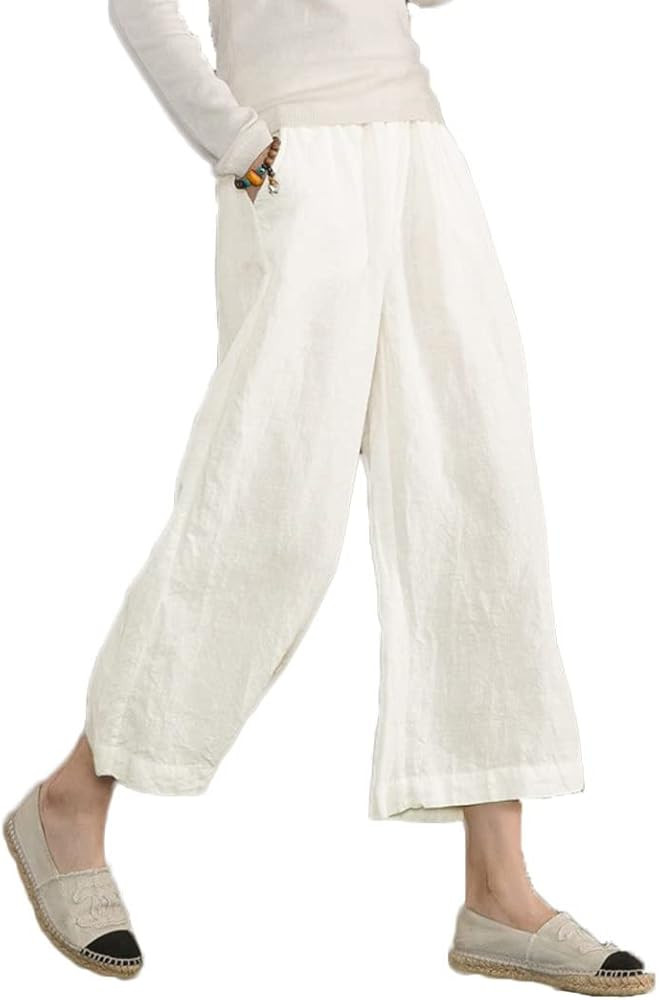 ECUPPER Womens Casual Loose Elastic Waist Cotton Trouser Cropped Wide Leg Pants | Amazon (US)