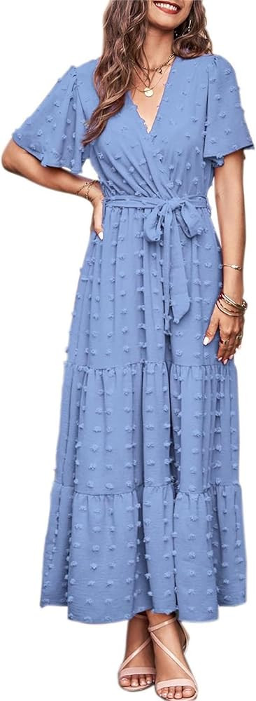 MASCOMODA Womens Boho Swiss Dot Maxi Dresses Wrap V Neck Flutter Short Sleeve Solid Tie Belt A Li... | Amazon (US)
