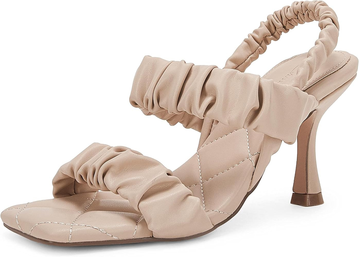 Womens Square Open Toe Heels Sandals Ruched Faux Leather Stiletto Slingback Two Strap Slip On Sandal | Amazon (US)