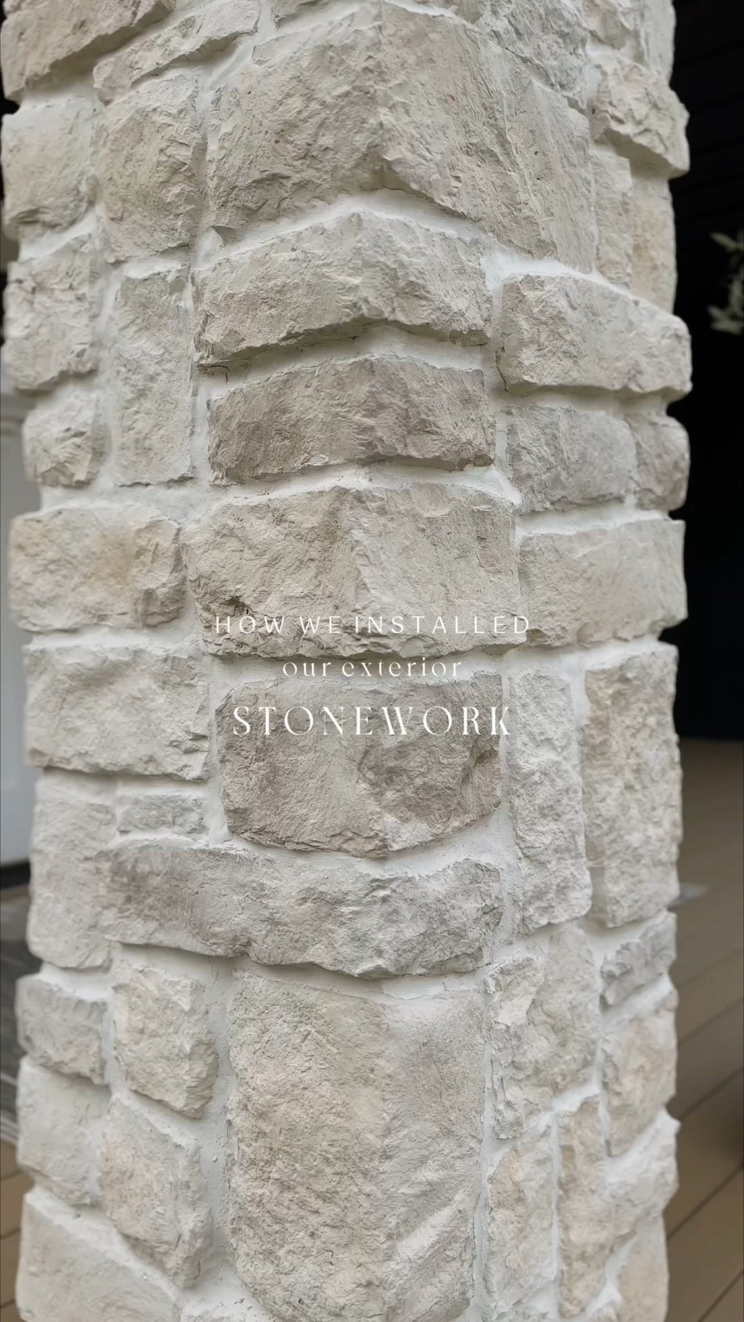 STEP BY STEP- How we Installed our Exterior Stonework:
*  applied marine grade plywood + waterproof barrier paper
*   cut metal lath and nailed it on top of barrier paper to secure
*   mixed Sakrete "Stone Veneer Mortar" to apply a scratch coat of concrete for the stones to adhere better (let dry 24 hrs)
*  we used @eldoradostone RoughCut (limestone veneer) in the color "Casa Blanca"
*   took flat stones & corner stones out of the boxes to mix colors (since there were a variety of tones)
*  mixed Sakrete "Stone Veneer Mortar" for adhering the stones to the structures
*  starting with the corner pieces, sprayed a light mist of water onto the surface and back of stone before applying pressure & held in place for a few seconds
*  continued with flat stones working out from corners starting from the top working downward
*   gap sizes in between stones were varied and we had to chisel off edges on some of them for a better fit
*   let stones dry 24 hours before grouting
*  used Prism Cement Grout in the color "Snow White" in a DEP piping bag (both from Home Depot) to grout between stones
*   let it dry about 10 minutes before swiping the grout with our fingers to smooth it
*  after it firmed up we went back again and smoothed any excess off with our fingers

#LTKHome