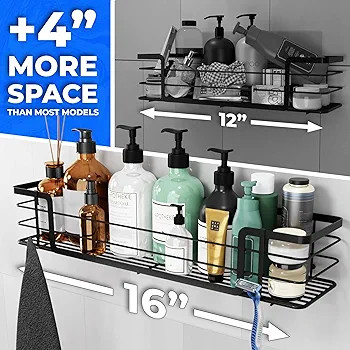 Cucino Extra-Large Shower Caddy 2-Pack - 16-Inch Rust-Resistant Black Shelves for Inside, Adhesiv... | Amazon (US)