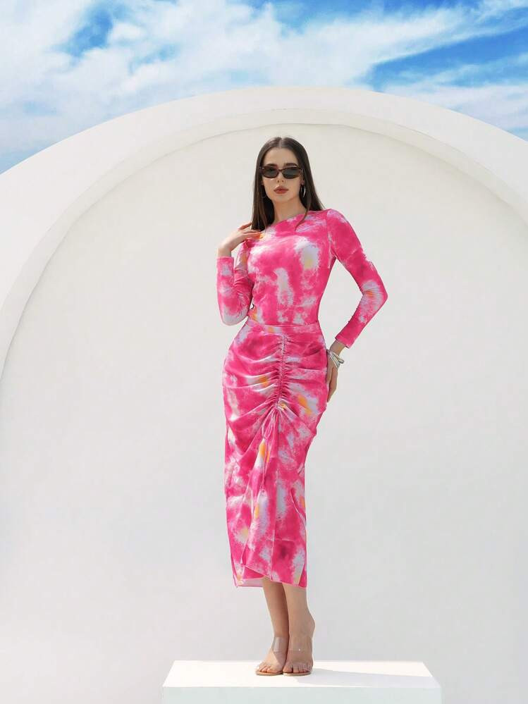 Swim Shayni 3pcs/Set Women's New Printed Long Sleeve Crop Pants And Maxi Dress Beach Cover Up Set | SHEIN