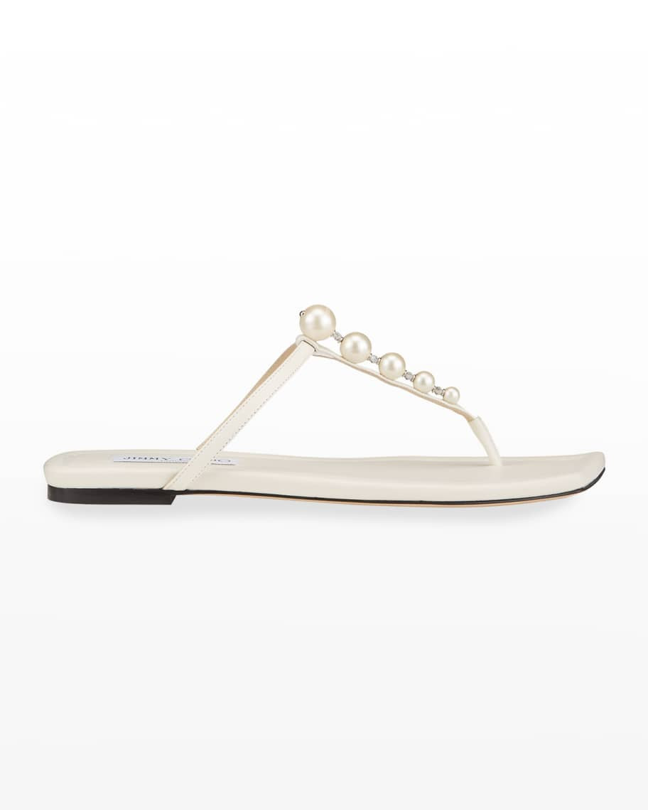 Jimmy Choo Alaina Pearly-Stud Thong Sandals, White | Neiman Marcus