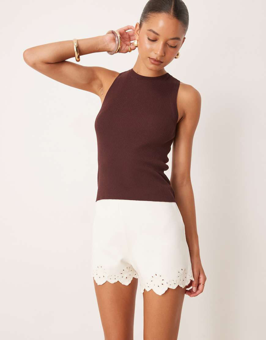 ASOS DESIGN ponte embroidered hem mini shorts in white | ASOS (Global)