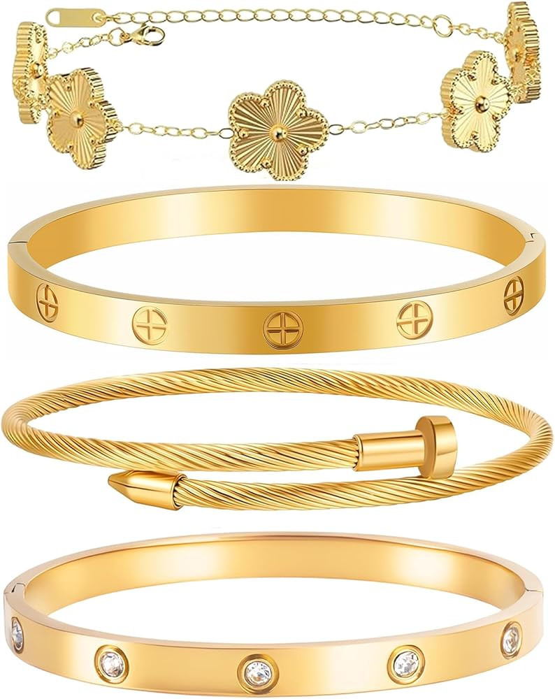 Ntutrxk Gold Bracelets for Women-4Pcs/3Pcs,18K Gold Plated Bangle Tennis Bracelets Stack Set for ... | Amazon (US)