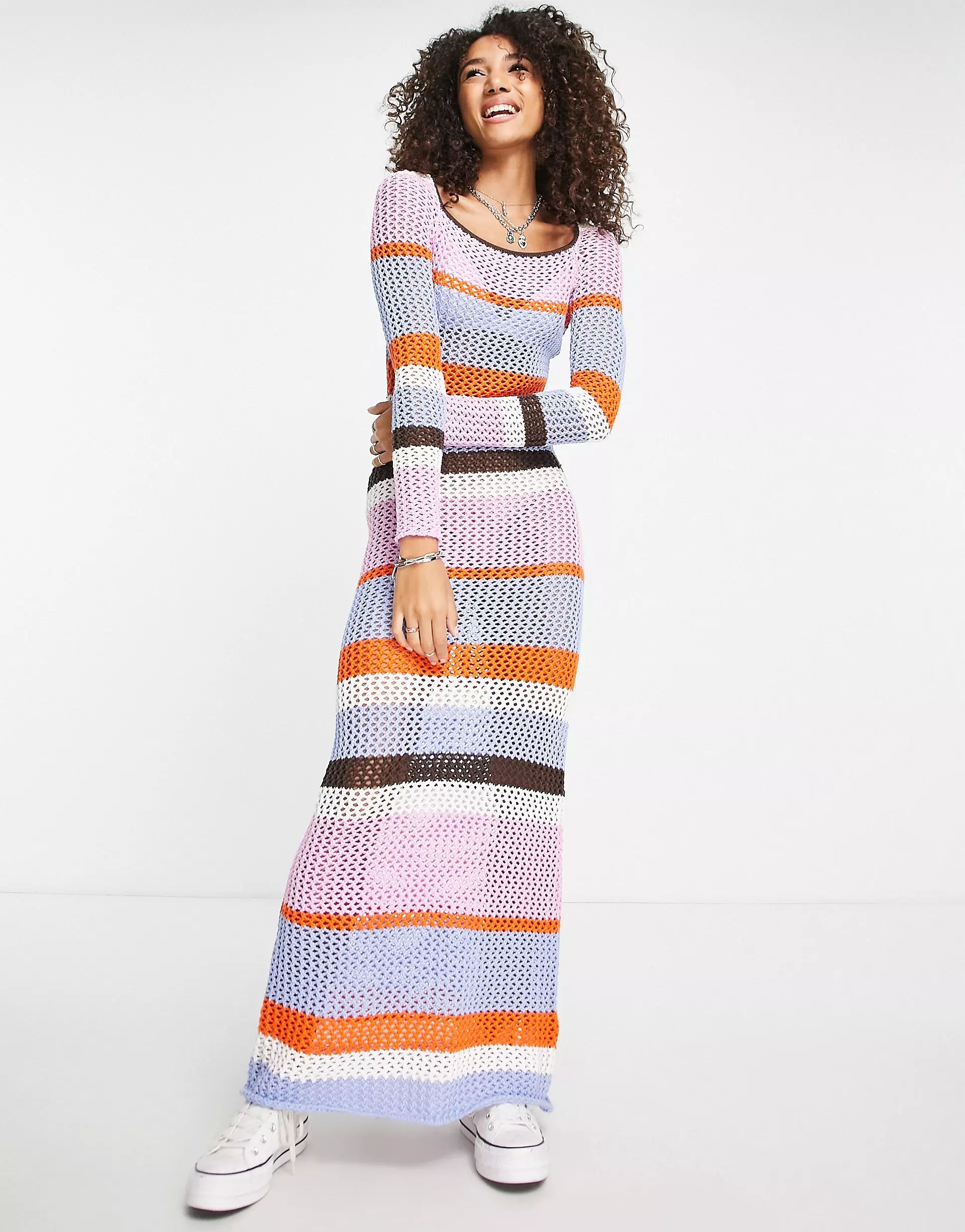 NA-KD crochet knit maxi dress in stripe print | ASOS (Global)