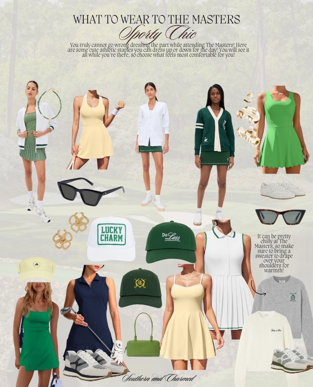 Masters outfit. Spring sports outfit. Sports style. Tennis style. Golf style  