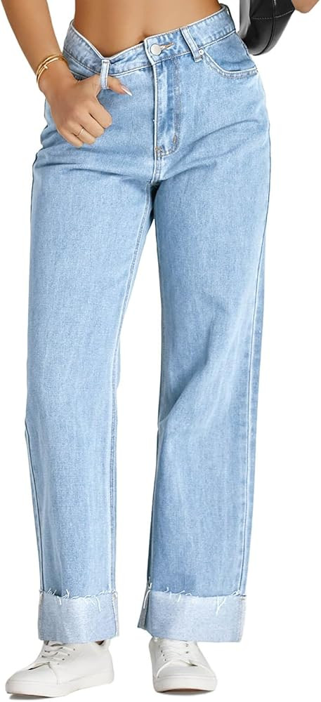 Cicy Bell Womens High Waisted Boyfriend Jeans Cuffed Raw Straight Leg Baggy Denim Pants with Pock... | Amazon (US)