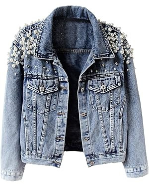 Kedera Women's Jean Jacket Embroidered Rivet Pearl Short Denim Jacket Coat | Amazon (US)