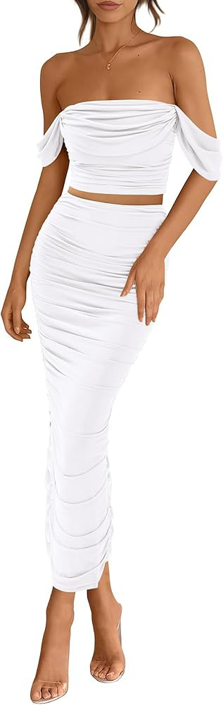 PRETTYGARDEN Women Sexy Two Piece Outfits Summer Off Shoulder Ruched Bodycon Mesh Cocktail Club S... | Amazon (US)