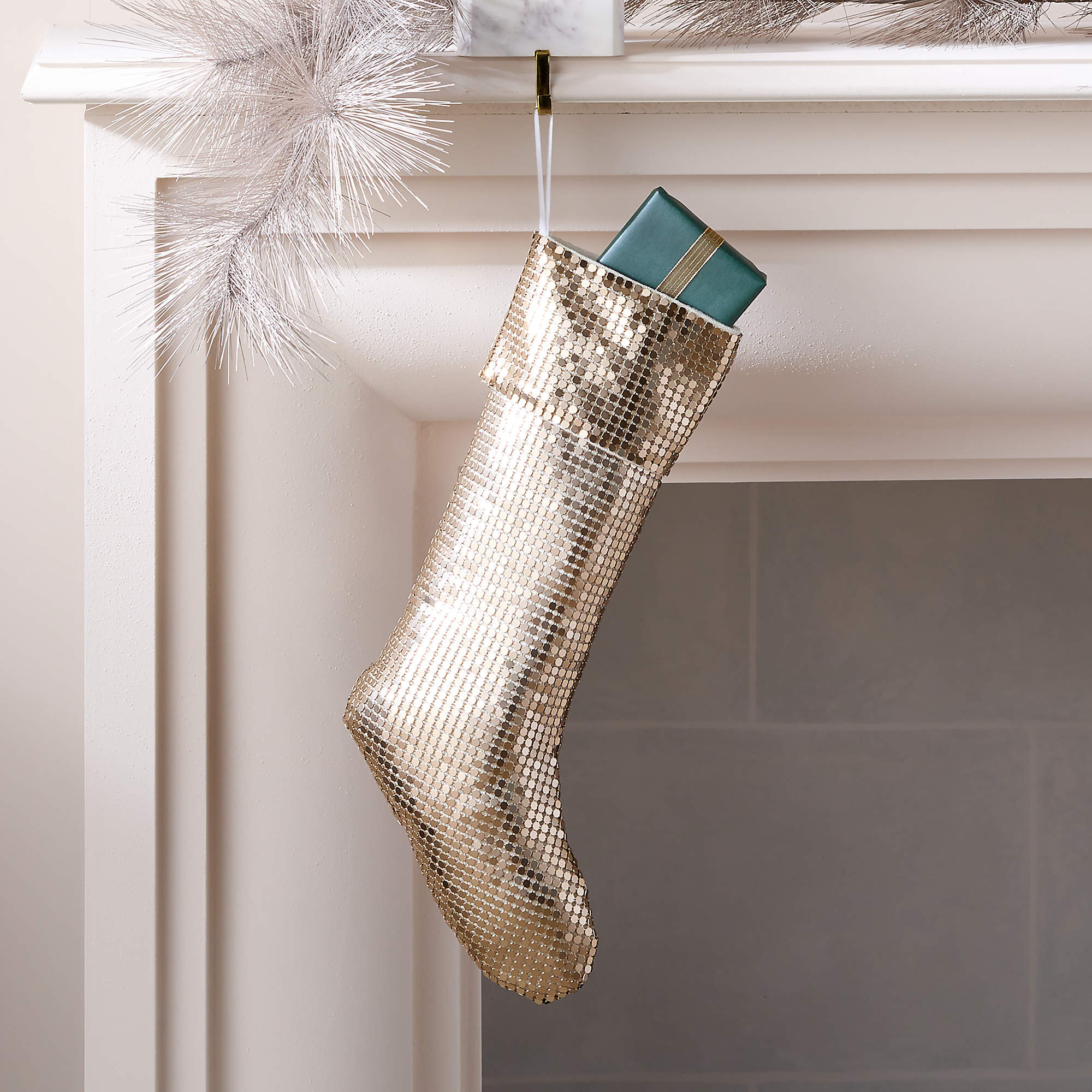 Lumina Champagne Gold Chain Metal Christmas Stocking + Reviews | CB2 | CB2
