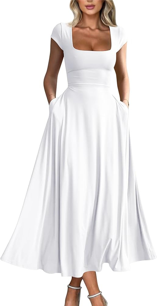 YMDUCH Women's Casual Short Sleeve Square Neck Solid Slim Flowy Maxi Dress with Pockets | Amazon (US)