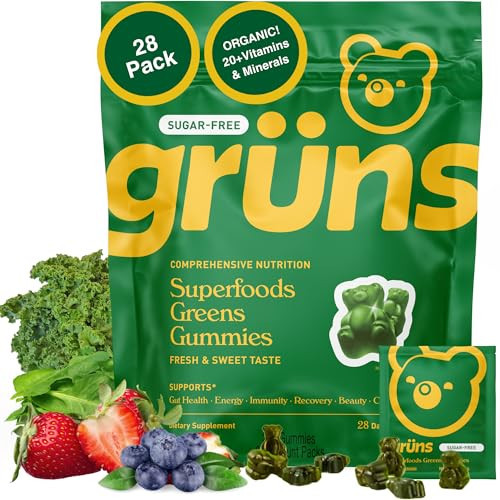 Gruns Adult Sugar-Free Super Greens Gummies, Superfood Gummy Bears with Spirulina, Chlorella, Fiber & Prebiotics for Digestive Health, Adaptogens Supplement with 20 Vitamins & Minerals, 28 Packets | Amazon (US)