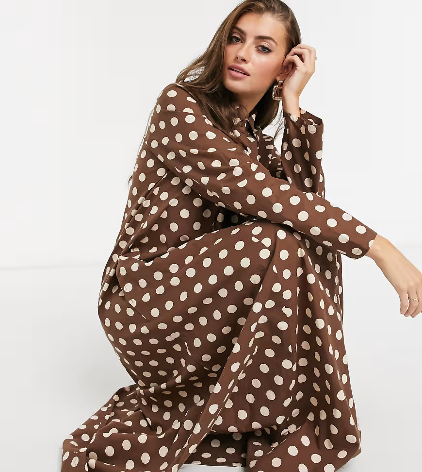 Verona high neck maxi shirt dress in chocolate spot-Brown | ASOS (Global)