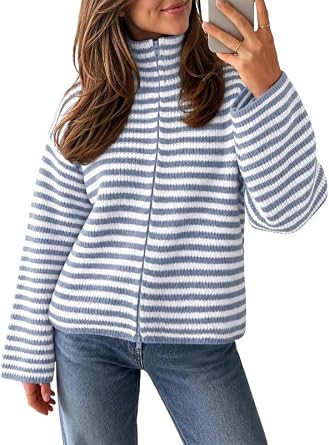 Womens Striped Chunky Mock Neck Cardigan Sweater Fall Knit Jacket | Amazon (US)