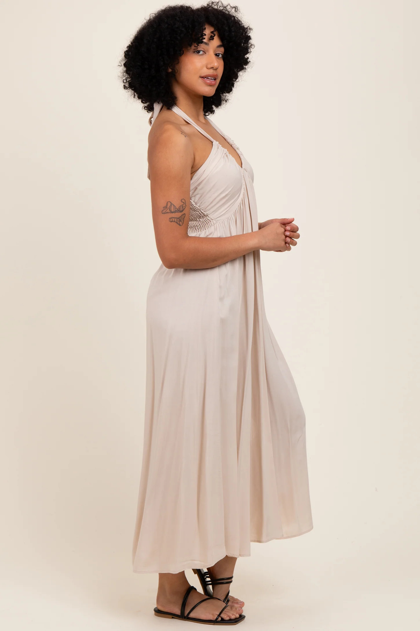 Cream Halter Neck Side Slit Midi Dress | PinkBlush Maternity