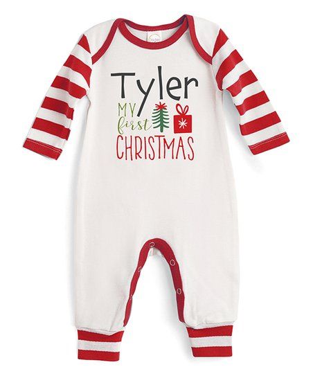 Red & Ivory Stripe 'My First Christmas' Personalized Playsuit - Newborn & Infant | Zulily