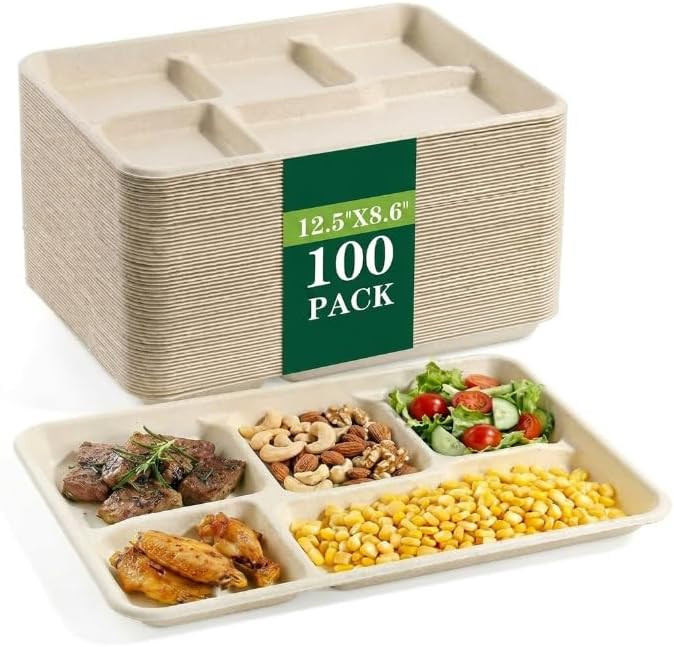 SUT100% Compostable 5 Compartment Plates, 100 Pack Disposable Paper Plates 12.5×8.6 Inch, PFAS F... | Amazon (US)