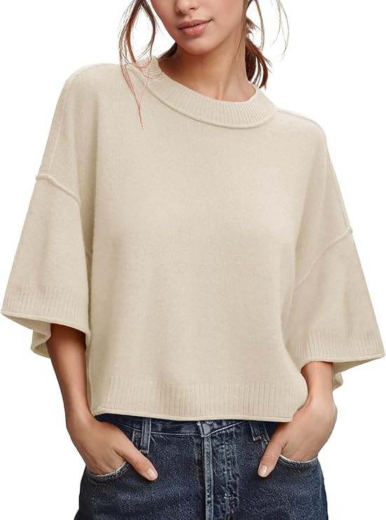 Women's Oversized Sweaters Summer Short Sleeve Casual Cropped Tops Lightweight Loose Fit Knit Pul... | Amazon (US)