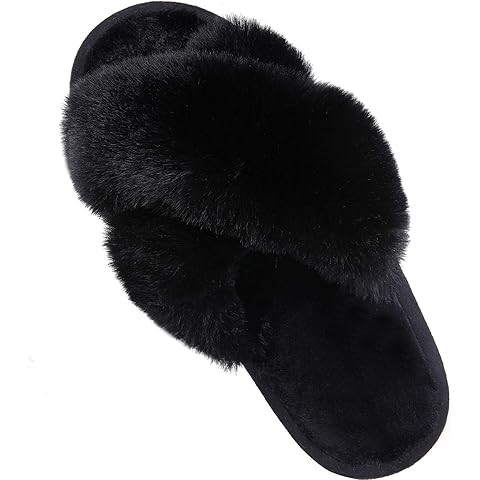 Evshine Women's Fuzzy Slippers Cross Band Memory Foam House Slippers Open Toe | Amazon (US)