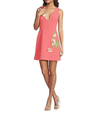 Muse by Marchesa Rowan Stretch Crepe Floral Applique V-Neck Sleeveless Mini Dress | Dillard's