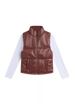 Amy Byer Girls 7-16 2 Piece Quilted Faux Leather Puffer Vest Set, Brown, Medium | Belk