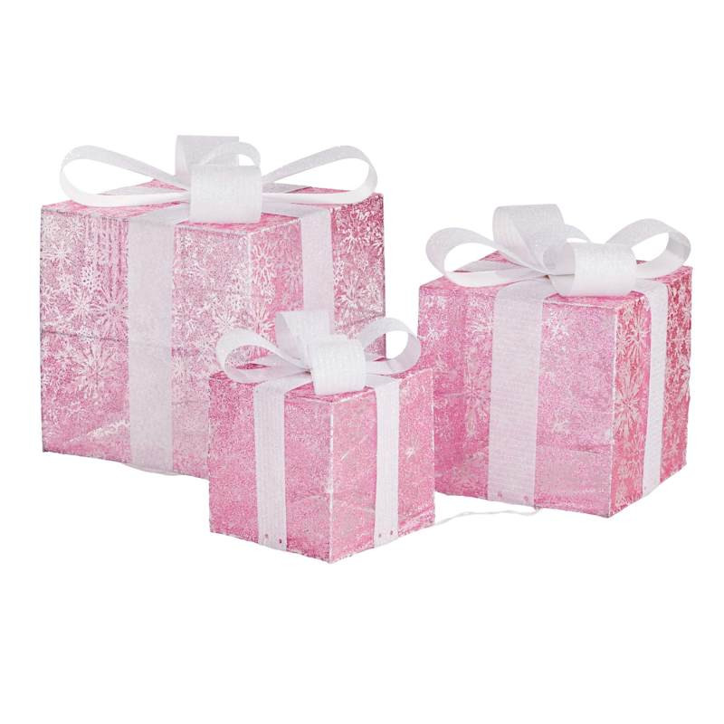 Set of 3 Pink Snowflake Glittering Gift Boxes with Bow | At Home