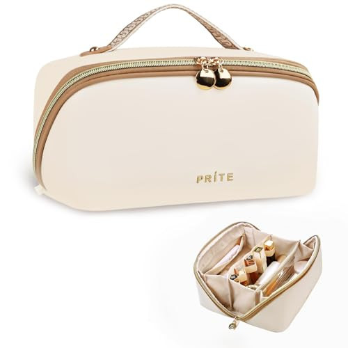 Prite Makeup Bag for Women Travel Waterproof Vegan Leather Cosmetic Bag Open Flat Toiletry Bag With Clear Divider and Handle (Large Beige Pro) | Amazon (US)
