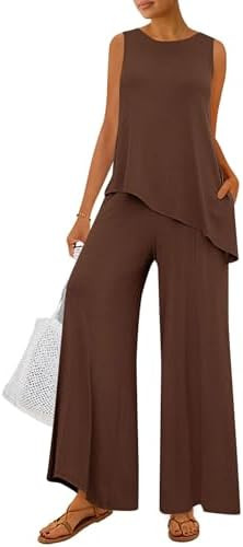 PRETTYGARDEN Women's 2026 Two Piece Matching Lounge Sets Asymmetrical Split Tank Tops Wide Leg Pa... | Amazon (US)
