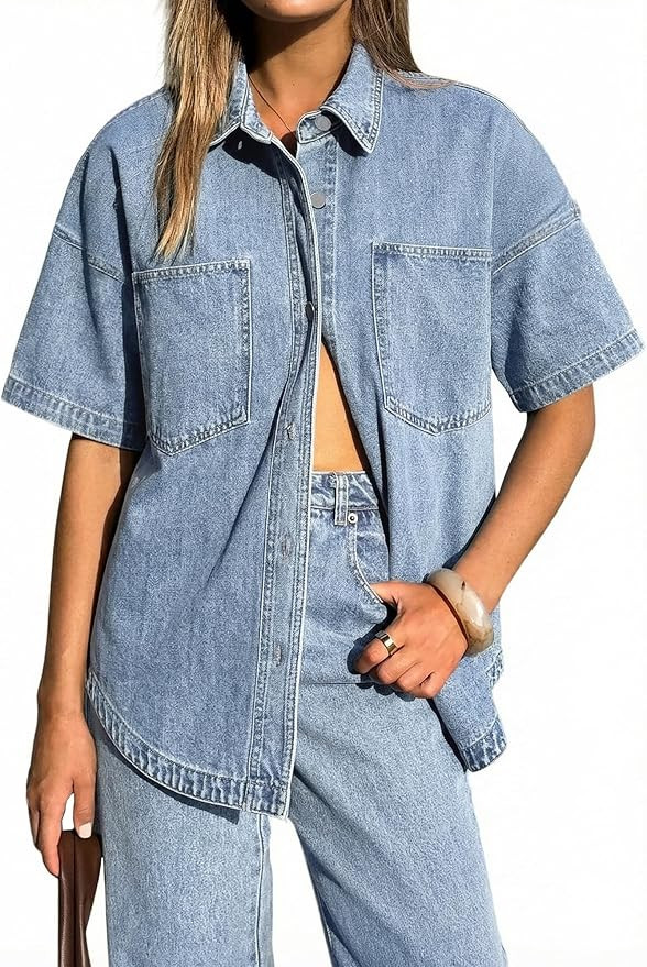 EMMIOL Women Denim Shirts Oversized Long Sleeve Button Down Blouse Distresse Jean Jacket Fall Out... | Amazon (US)