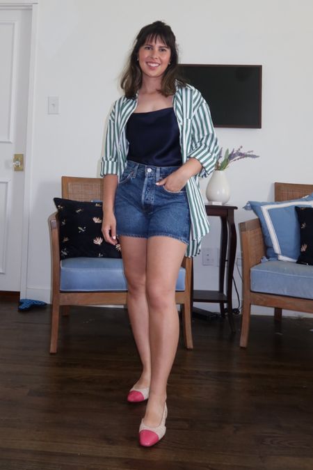 Summer jeans outfit, petite style, button down shirt, layered look, the Frankie shop, stripped green shirt, agolde jean shorts, silk cami, Chanel slingback shoes 

#LTKshoecrush #LTKstyletip