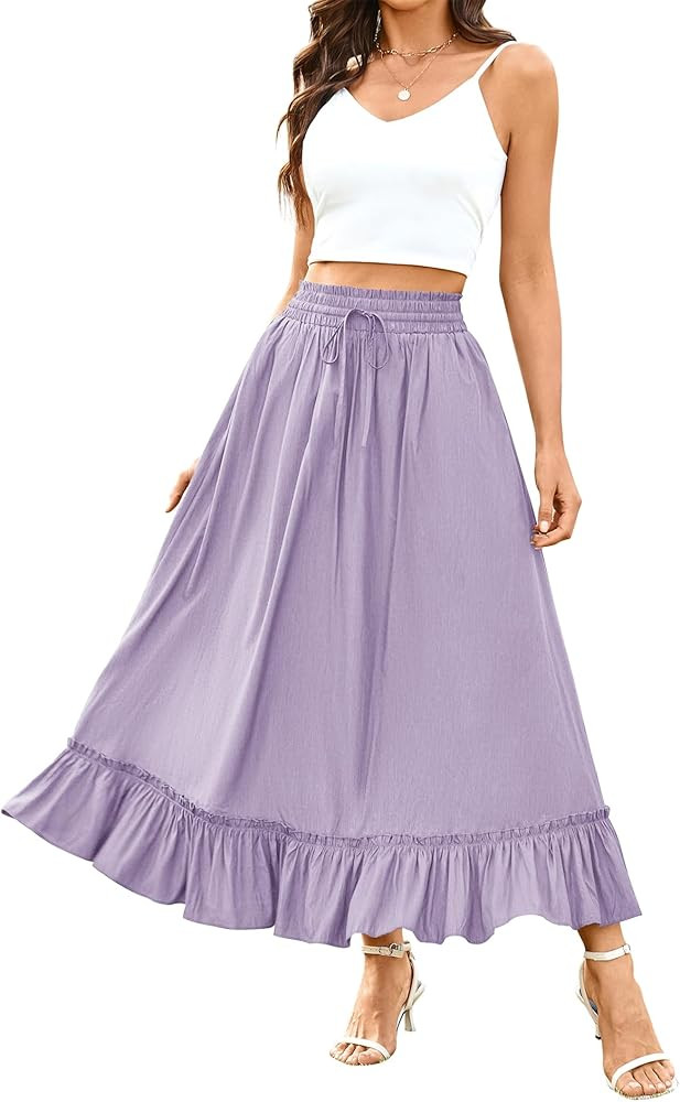 Arolina Women’s Summer Boho Flowy Tiered Maxi Skirt 2025 Fashion Elastic Waist Pleated Long Bea... | Amazon (US)