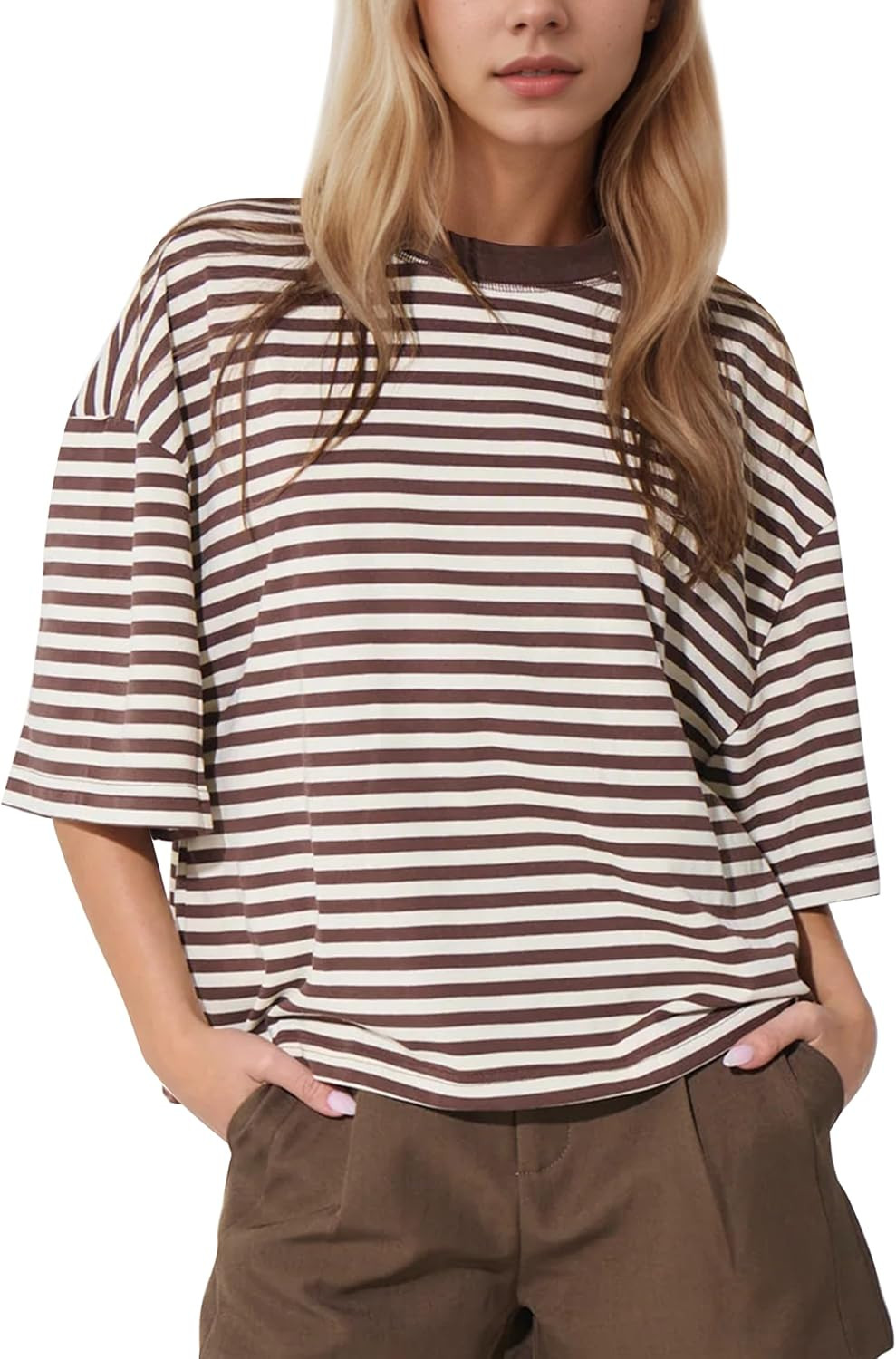 MISSACTIVER Oversized Striped Short Sleeve Shirts for Women Crew Neck Drop Shoulder Tshirts Y2K Casual Summer Tops Brown | Amazon (US)