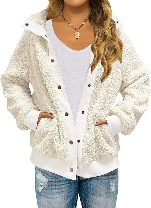 MEROKEETY Womens Winter Long Sleeve Button Sherpa Jacket Coat Pockets Warm Fleece | Amazon (US)