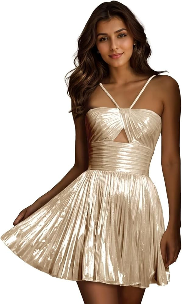 Maxianever Sparkly Metallic Homecoming Dresses Short Satin for Teens Pleated Keyhole Mini Cocktai... | Amazon (US)
