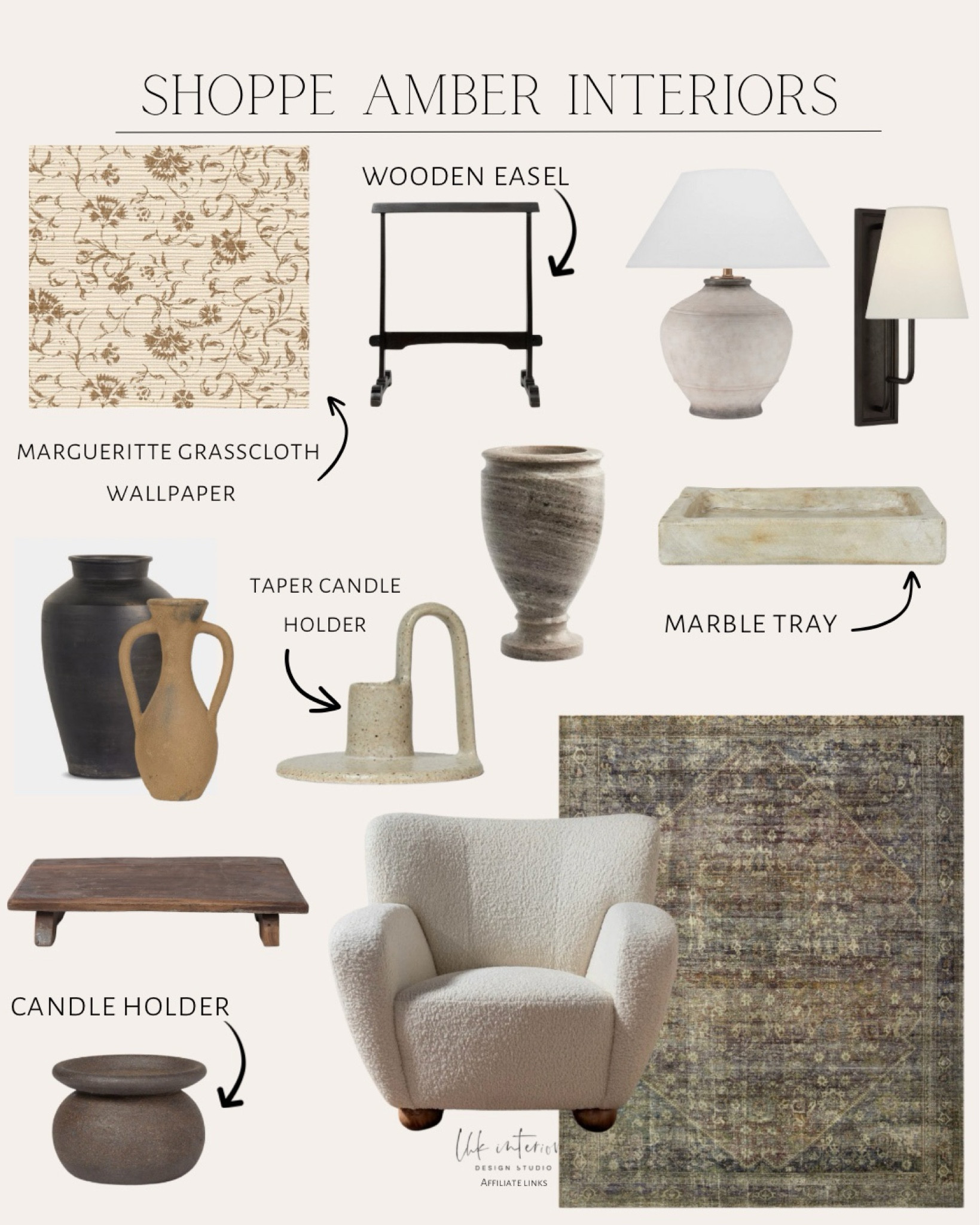 Shoppe Amber Interiors 
Malta lamp / pice/lagoon area rug / Lewis chair / Rui sconce / Hamburg vase / vintage bajot wooden riser / Vera vase / Amil vase / pilpilon candle holder / Margueritte grasscloth wall paper / wooden easel / taper candle holder 

#LTKhome #LTKSpringSale