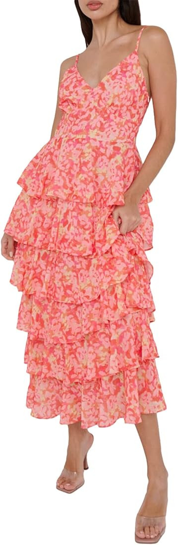 Yoawdats Women Floral Print Long Dress Spaghetti Strap V Neck Sexy Backless Tiered Ruffles Casual Be | Amazon (US)