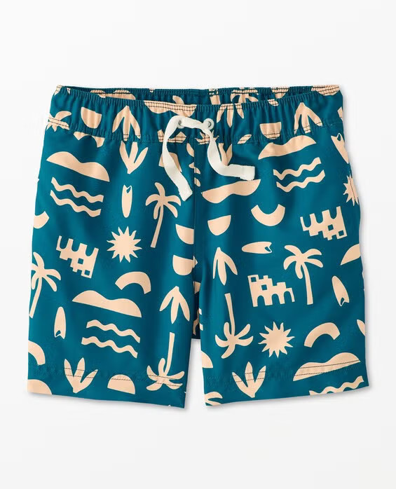 Boys' Peach Creme Beach Day On Atlantic Blue Swim Trunks in 100% Recycled Poly - Size Little Kids 6-7 by Hanna Andersson | Hanna Andersson